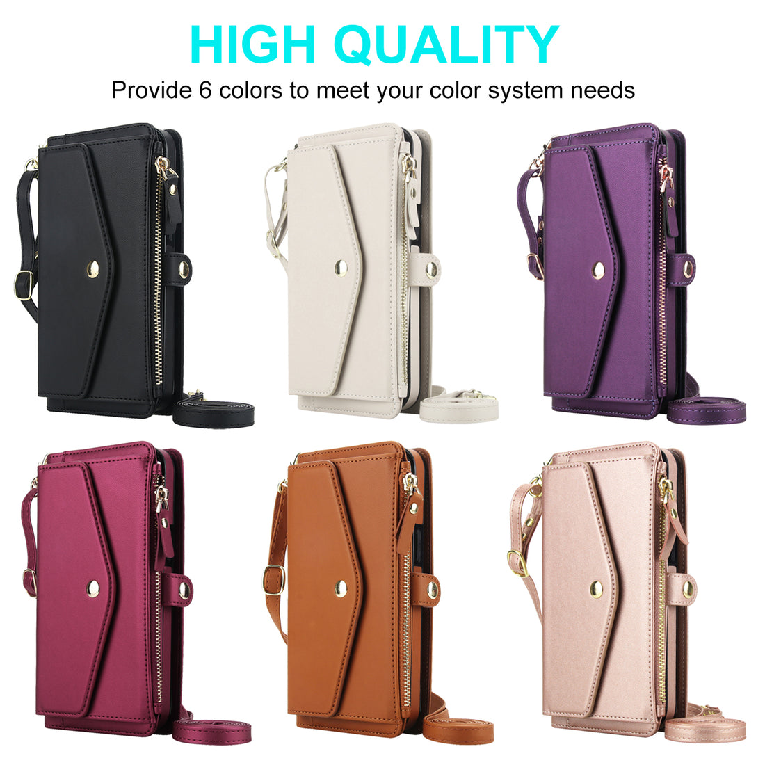 Woman wearing a deep purple leather crossbody wallet case for Samsung Galaxy A series paired with casual white attire.