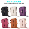 Color catalog lineup displaying the high-quality iPhone DUO leather crossbody zipper wallet cases in Black, White, Purple, Magenta Red, Brown, and Rose Gold