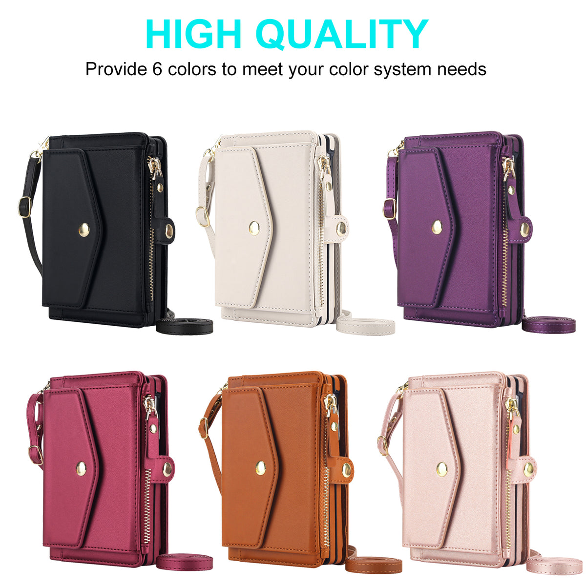 Color catalog lineup displaying the high-quality iPhone DUO leather crossbody zipper wallet cases in Black, White, Purple, Magenta Red, Brown, and Rose Gold