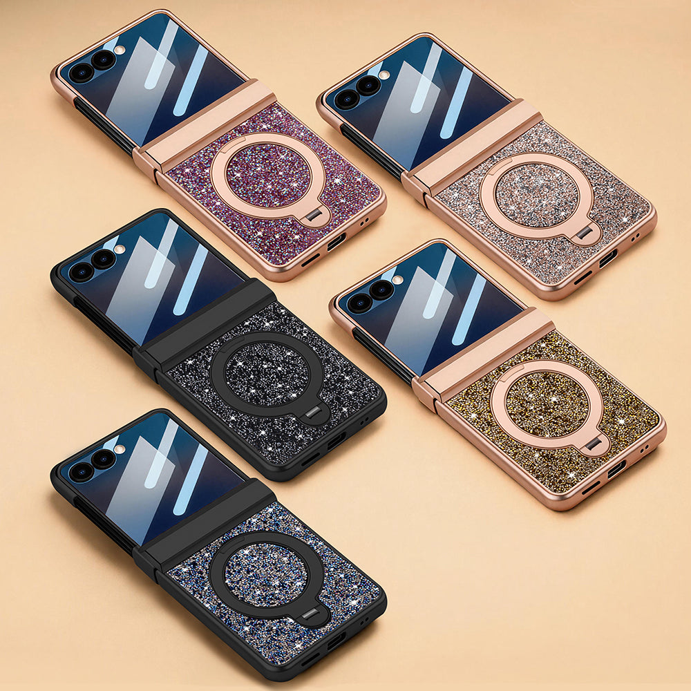 Color lineup of Samsung Galaxy Z Flip luxury glitter cases in Rose Gold, Champagne, Black, Gold, and Blue variants.