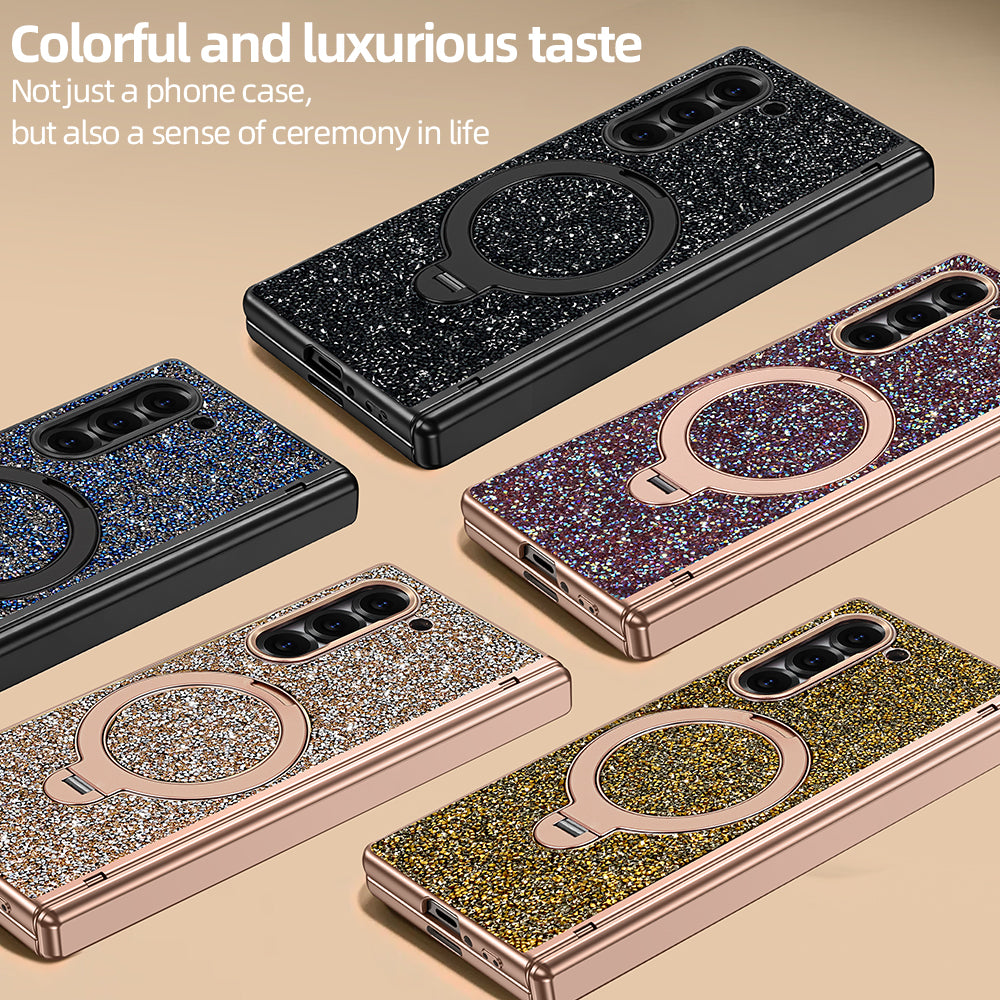 Color lineup of Samsung Galaxy Z Fold glitter cases shown in Black, Blue, Rose Gold, Champagne, and Gold finishes.