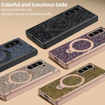 Color lineup of Samsung Galaxy Z Fold glitter cases shown in Black, Blue, Rose Gold, Champagne, and Gold finishes.