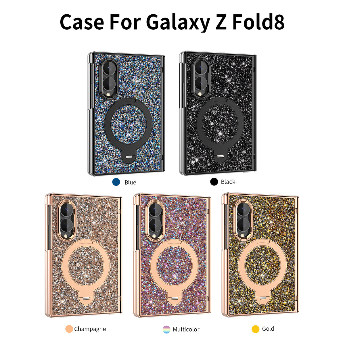 Color options for Samsung Galaxy Z Fold 8 glitter case showing Blue, Black, Champagne, Multicolor, and Gold finishes with ring grips.