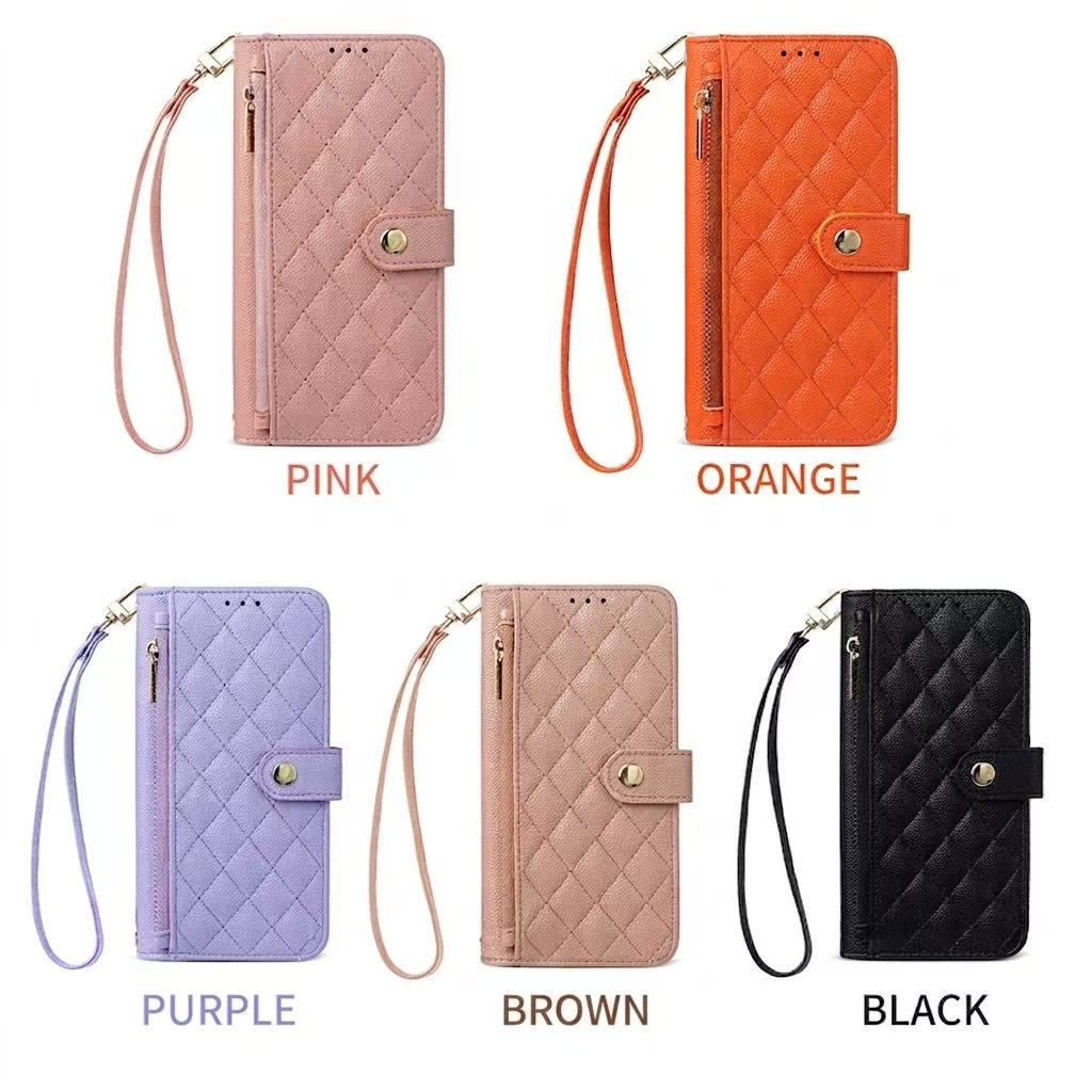 Color options overview for iPhone 18 and 17 quilted leather wallet cases in Pink, Orange, Purple, Brown, and Black with wrist straps.