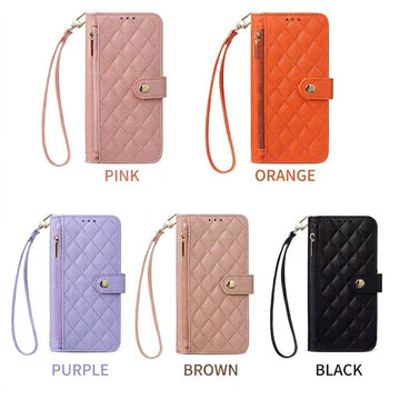 Color options overview for iPhone 18 and 17 quilted leather wallet cases in Pink, Orange, Purple, Brown, and Black with wrist straps.