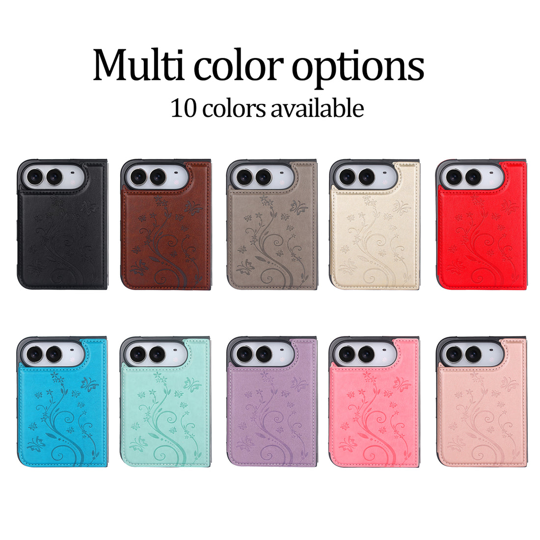 Color palette showcase displaying the embossed butterfly leather iPhone DUO wallet case in 10 color options including Black, Brown, Taupe, Gold, Red, Blue, Mint Green, Purple, Dark Pink, and Light Pink