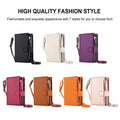 Color selection guide featuring 7 styles of the iPhone DUO leather crossbody wallet case in Black, Beige, Purple, Wine Red, Brown, Orange, and Pink.