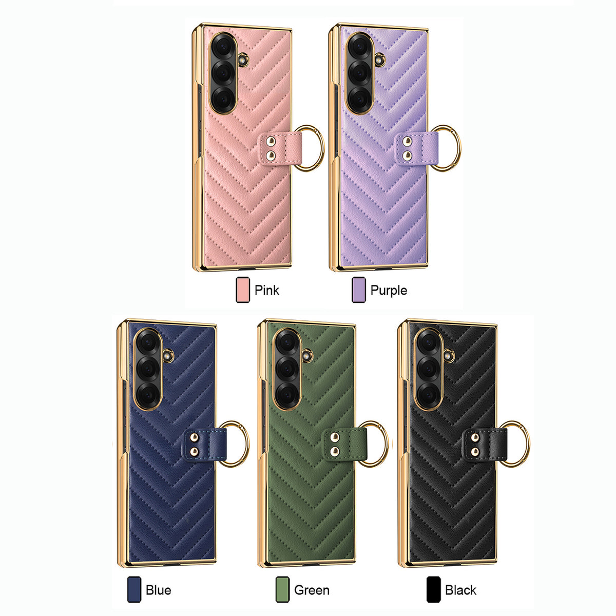 Color selection of Samsung Galaxy Z Fold chevron leather ring cases in Pink, Purple, Dark Blue, Olive Green, and Black