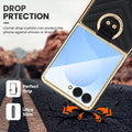 Corner drop protection diagram showing impact cushioning on gold electroplated Z Flip leather case