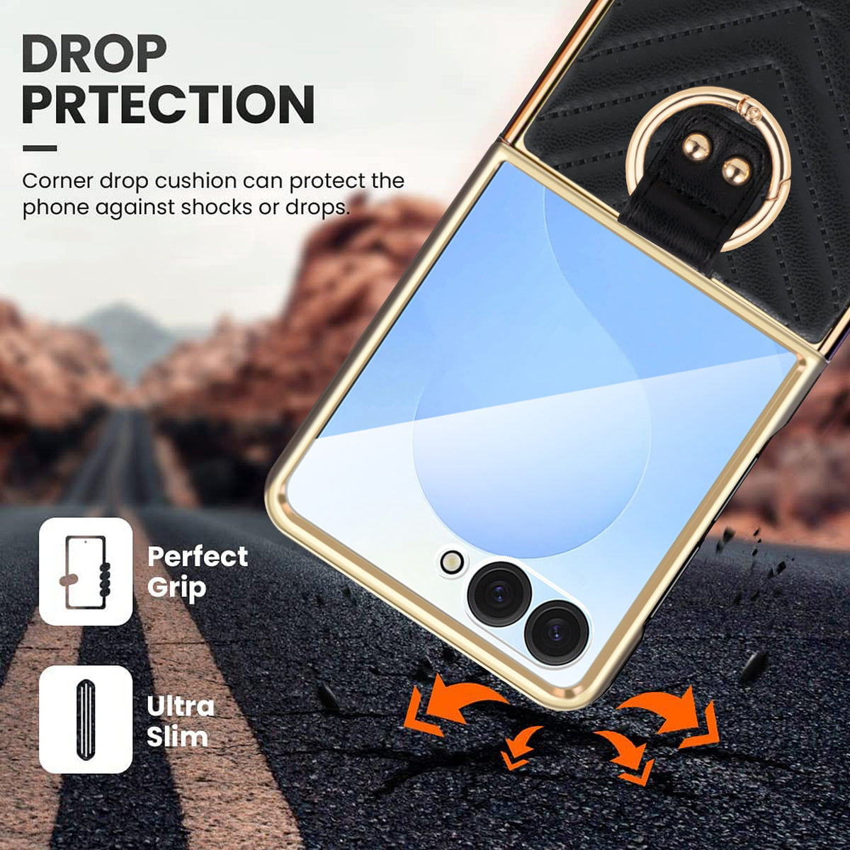 Corner drop protection diagram showing impact cushioning on gold electroplated Z Flip leather case