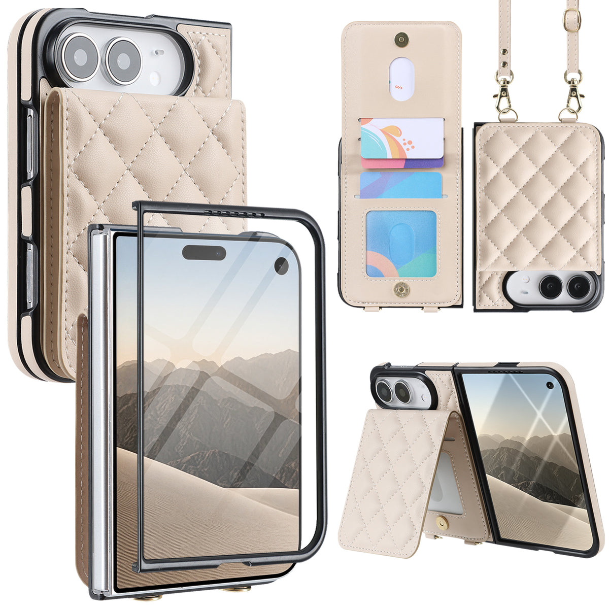 Cream/Beige quilted leather crossbody wallet case for iPhone DUO displaying full product composite views including built-in screen protector frame, snap-button card slots, detachable shoulder lanyard, and horizontal kickstand mode.