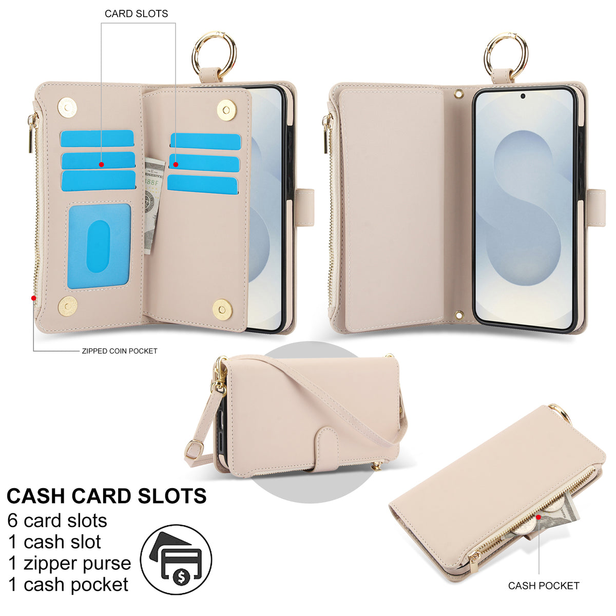 ⁠Cream beige leather wallet phone case with 6 card slots, cash compartment, and zipped coin pocket⁠