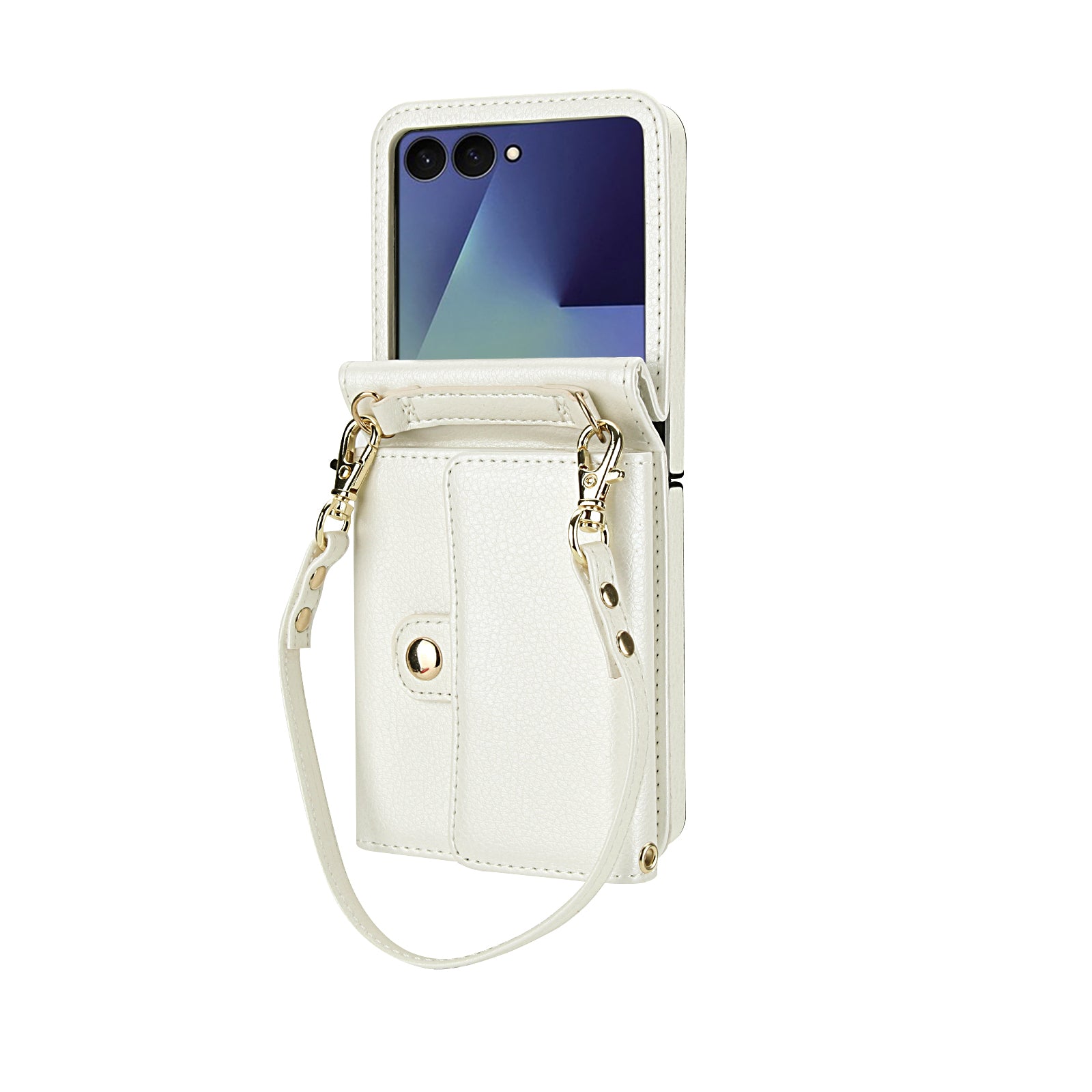 Cream white RFID blocking leather crossbody wallet case with wristlet strap for Samsung Galaxy Z Flip.