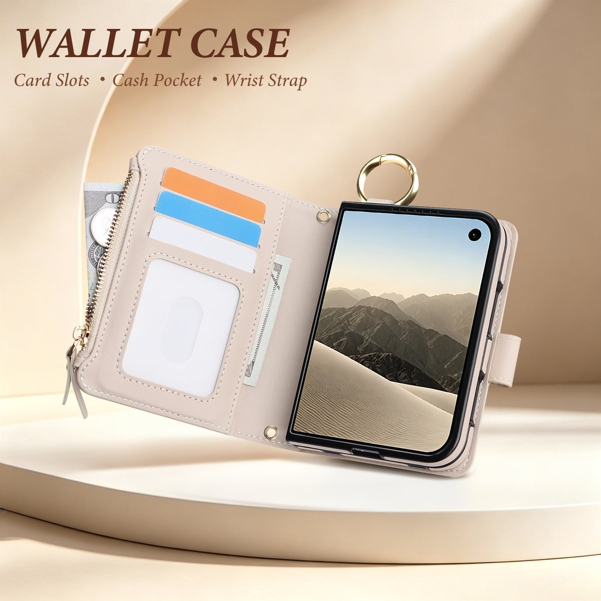 Cream beige iPhone DUO wallet case displaying fold-out card holder clear ID slot and inner zipper pocket