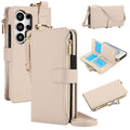 Cream beige leather crossbody wallet phone case for Samsung Galaxy with multi-card slots and coin purse