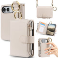 Cream beige leather iPhone DUO wallet case featuring gold hardware details, zipper pocket, open ID slots, and hand strap function