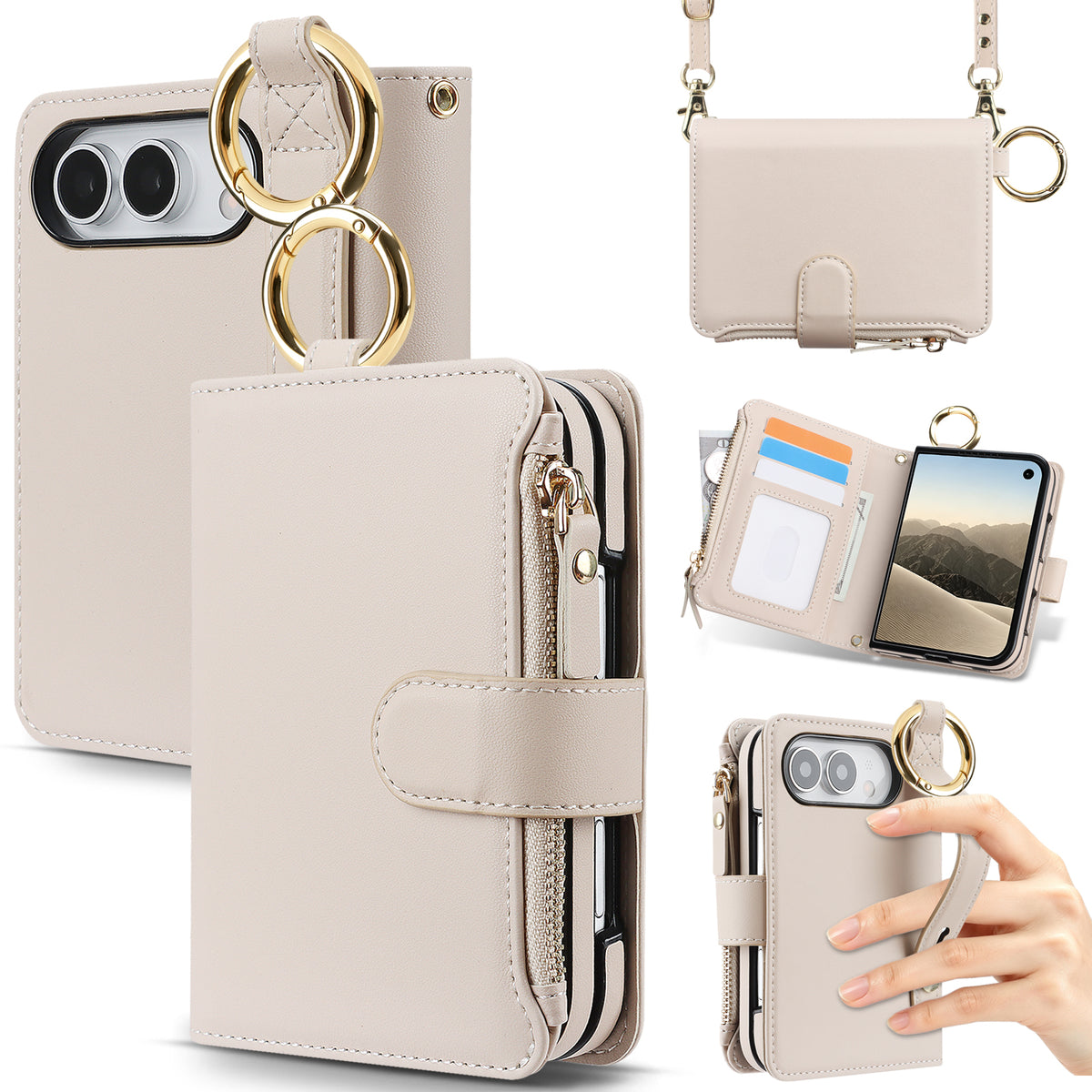 Cream beige leather iPhone DUO wallet case featuring gold hardware details, zipper pocket, open ID slots, and hand strap function