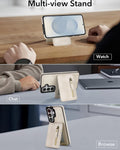 Cream leather Samsung Galaxy wallet case converted into multi-view stand positions for watching videos chatting and web browsing