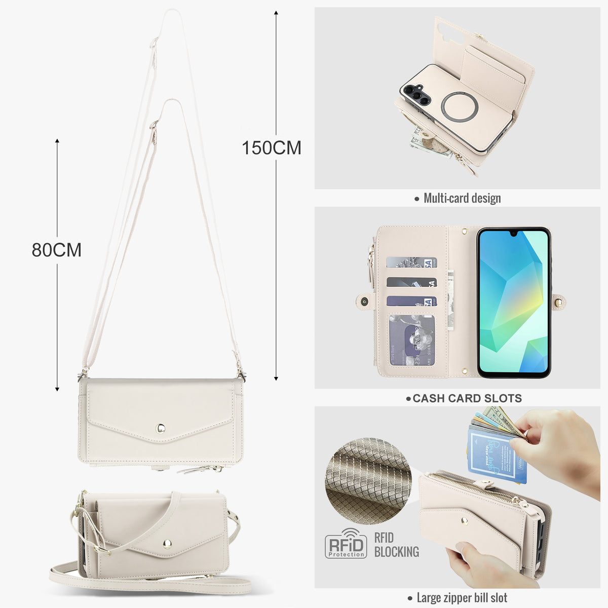 Cream leather crossbody wallet case showing 150cm strap length dimensions, multi-card slot layout, cash pocket, and RFID blocking security shield icon.