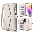 Cream white 2-in-1 detachable magnetic leather wallet case for Samsung Galaxy A73 A72 featuring card slots, zipper coin pocket, and inner phone shell.
