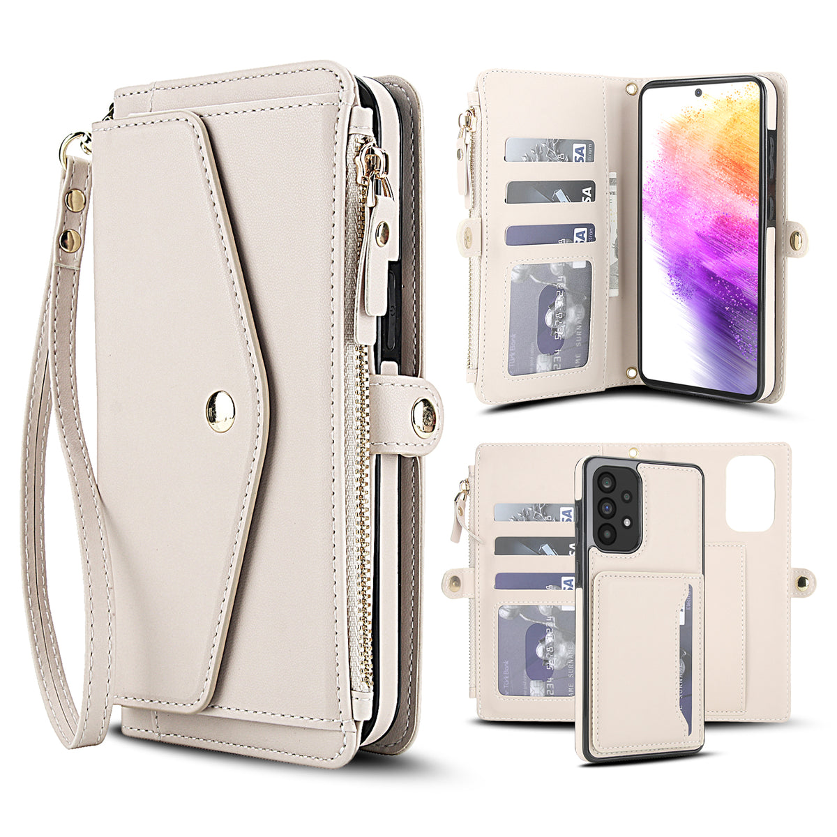 Cream white 2-in-1 detachable magnetic leather wallet case for Samsung Galaxy A73 A72 featuring card slots, zipper coin pocket, and inner phone shell.