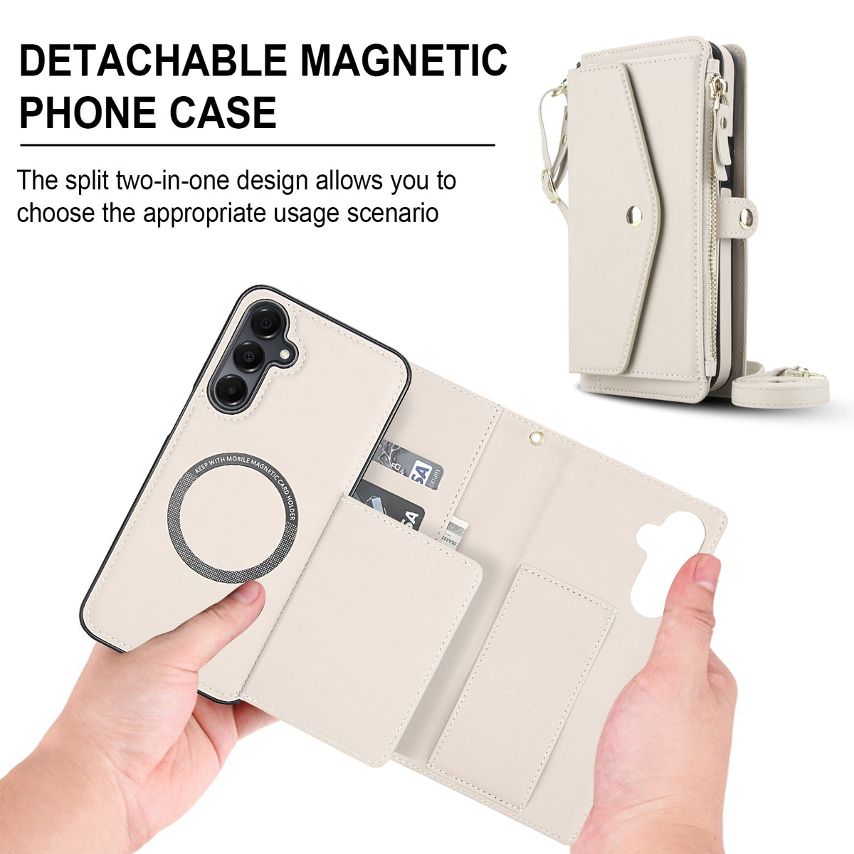 Cream white 2-in-1 detachable magnetic leather wallet case for Samsung Galaxy A series showing slim inner phone cover removed from the outer purse.