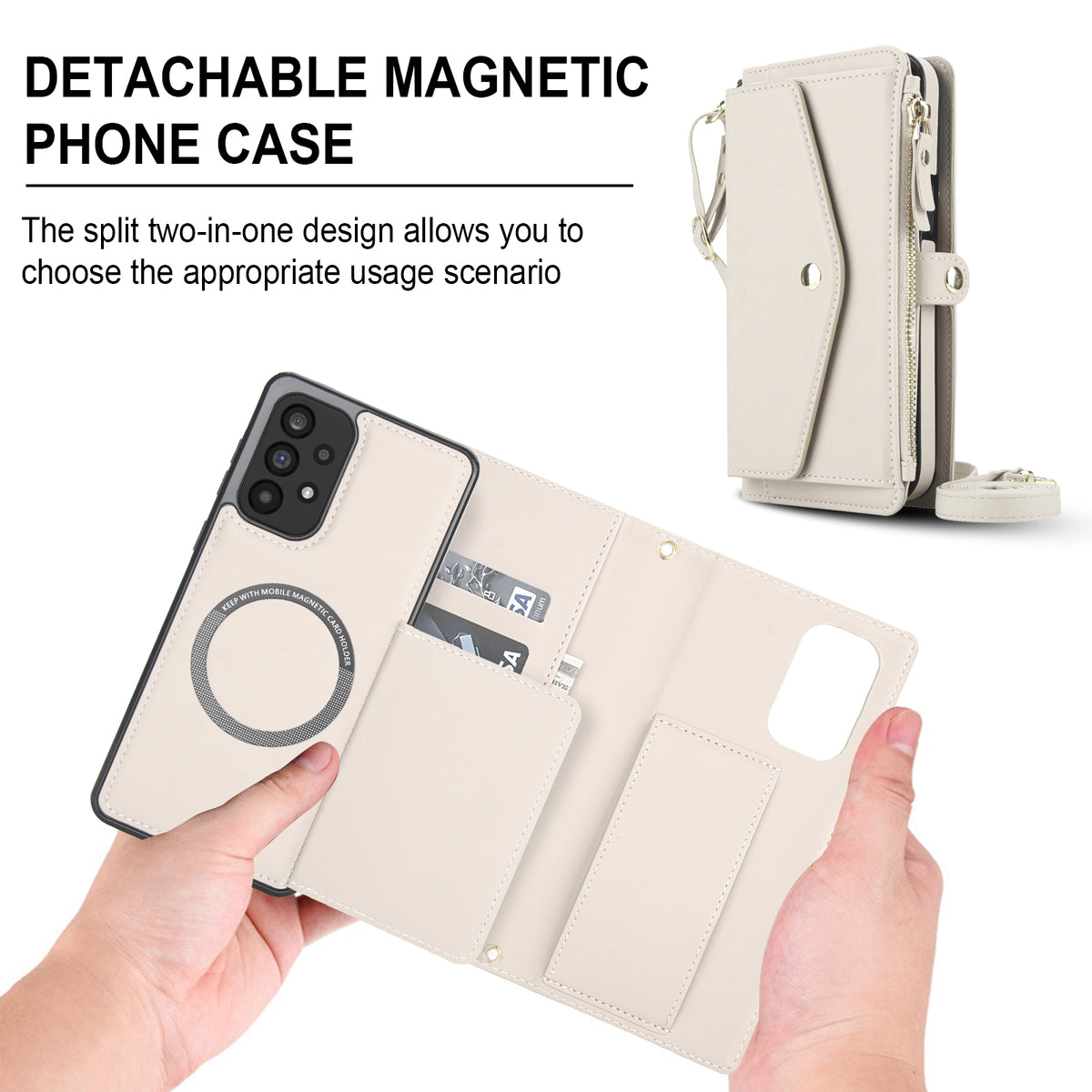 Cream white 2-in-1 magnetic detachable phone case for Samsung Galaxy A73 A72 separated from the wallet folio housing.