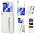 Cream white crossbody zipper phone case for Samsung Z Flip showing kickstand angle, back card slot, and adjustable shoulder strap.⁠