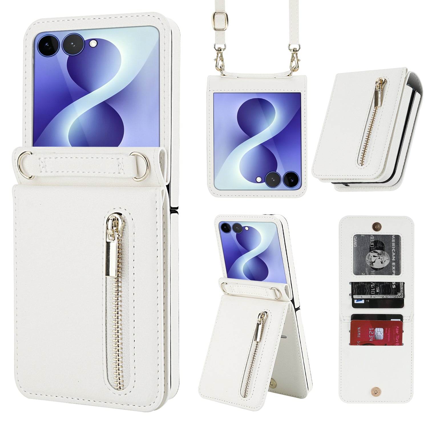 Cream white crossbody zipper phone case for Samsung Z Flip showing kickstand angle, back card slot, and adjustable shoulder strap.⁠