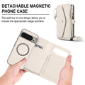 Cream white detachable magnetic leather wallet case for Google Pixel showing magnetic inner phone cover separating from card slots.