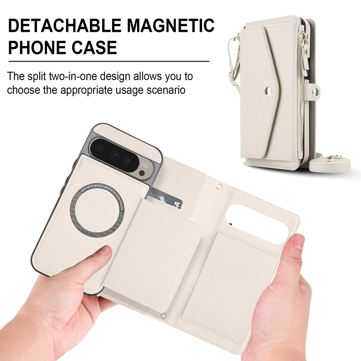 Cream white detachable magnetic leather wallet case for Google Pixel showing magnetic inner phone cover separating from card slots.