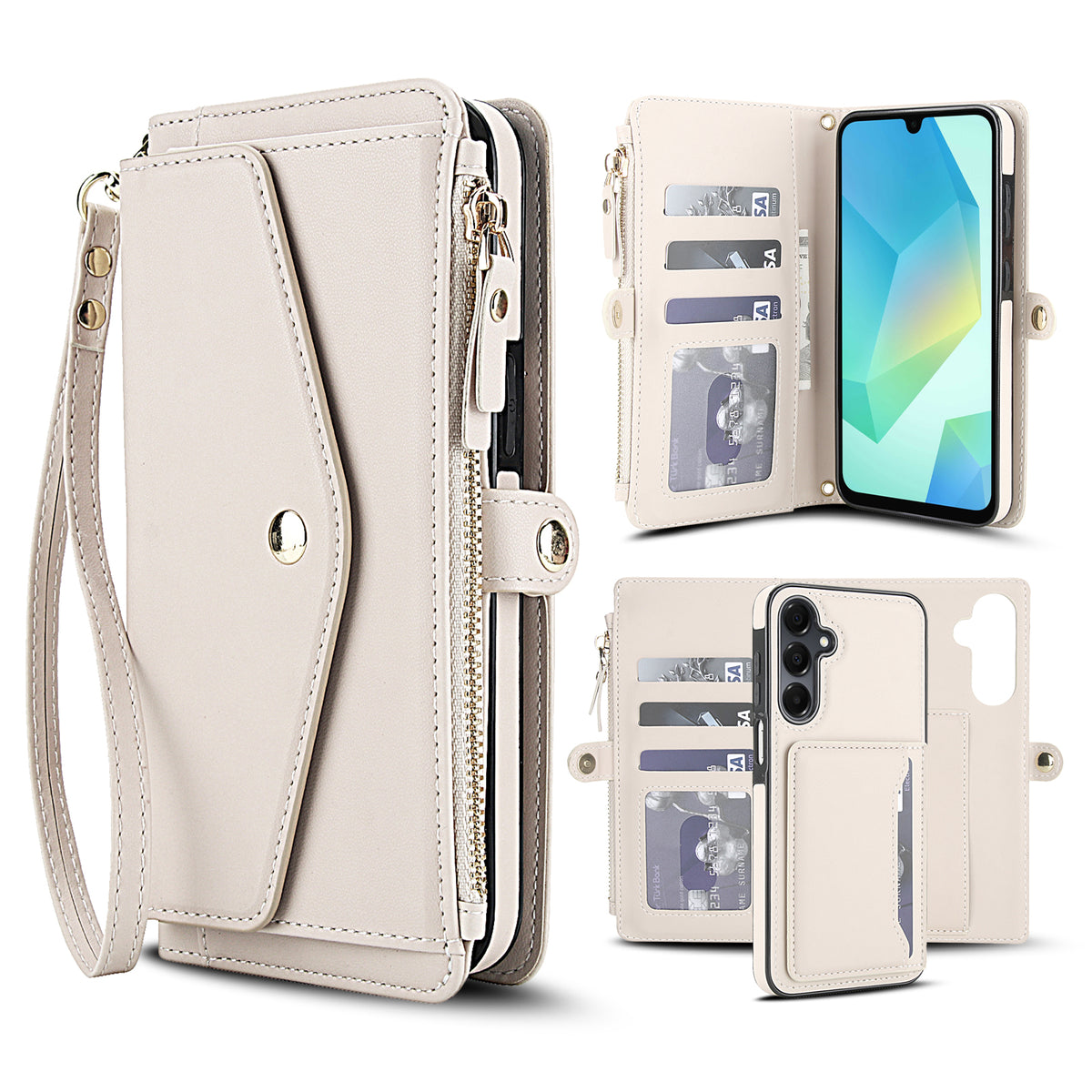 Cream white leather 2-in-1 detachable wallet case for Samsung Galaxy A series with card organizer slots, zippered pouch, wristlet strap, and magnetic inner phone case.
