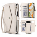 Cream white leather 2-in-1 detachable wallet phone case for Google Pixel displaying card organizer slots, zipper purse, wristlet strap, and magnetic inner shell.