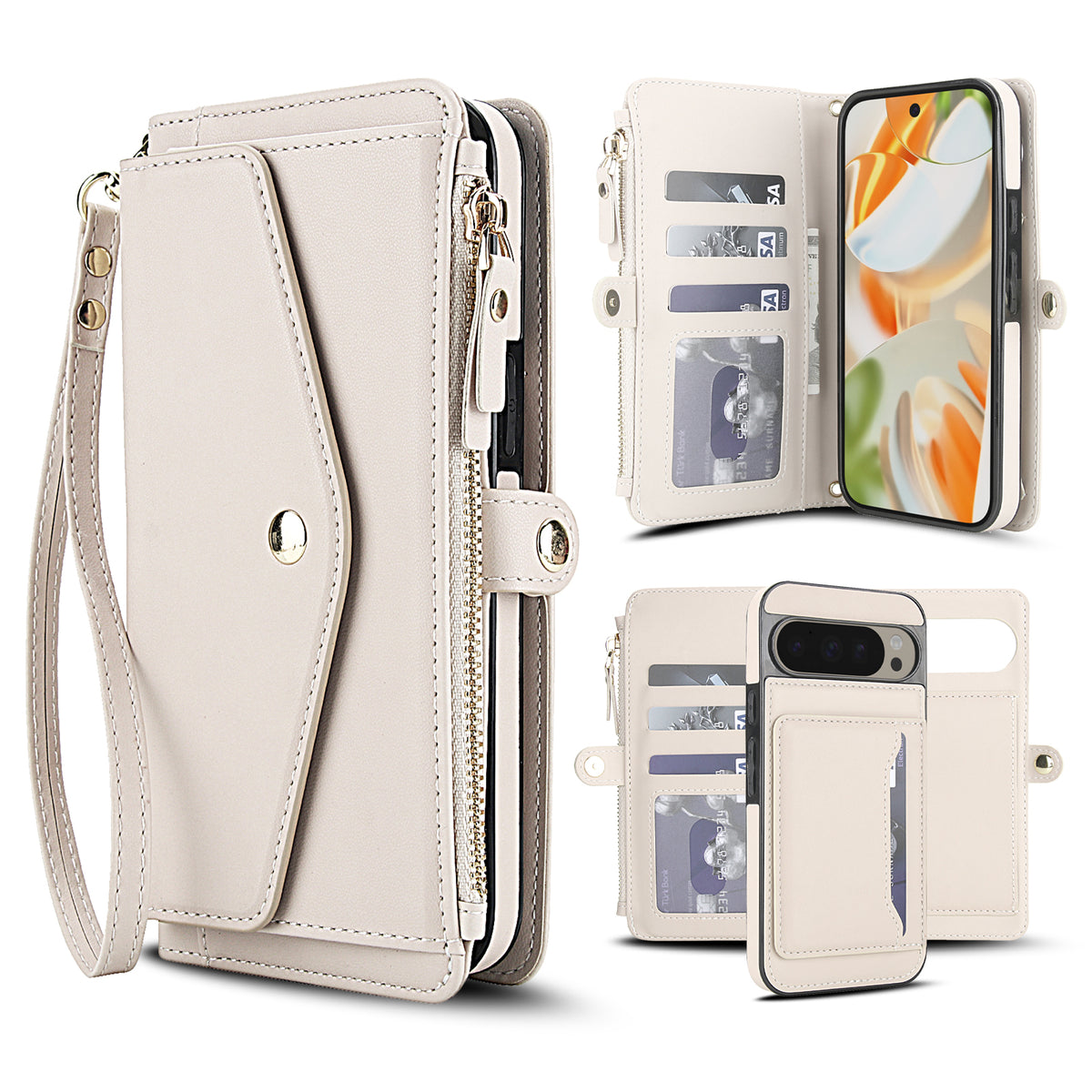 Cream white leather 2-in-1 detachable wallet phone case for Google Pixel displaying card organizer slots, zipper purse, wristlet strap, and magnetic inner shell.