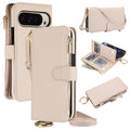 Cream white leather crossbody wallet phone case for Google Pixel 10 and 9 series showing front cover, back camera cutout, top gold ring holder, inner card slots flap, and cash zipper pocket.