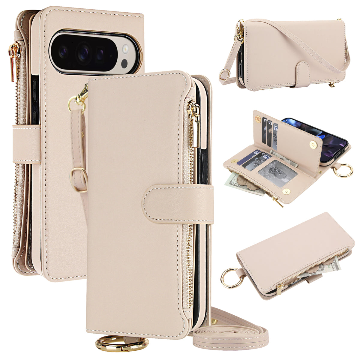 Cream white leather crossbody wallet phone case for Google Pixel 10 and 9 series showing front cover, back camera cutout, top gold ring holder, inner card slots flap, and cash zipper pocket.