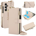 Cream white leather crossbody wallet phone case for Samsung Galaxy A-series showing front cover, back camera cutout, top gold ring holder, inner card slots flap, and cash zipper pocket.