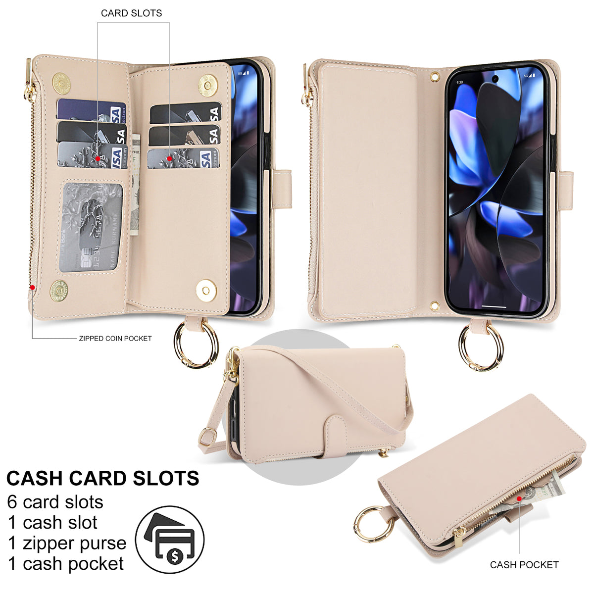 Cream white leather wallet case for Google Pixel 10 and 9 series showing open view with 6 card slots, cash pocket, zipped coin compartment, and top gold ring holder.