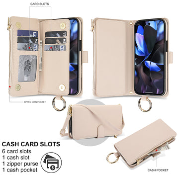 Cream white leather wallet case for Google Pixel 10 and 9 series showing open view with 6 card slots, cash pocket, zipped coin compartment, and top gold ring holder.