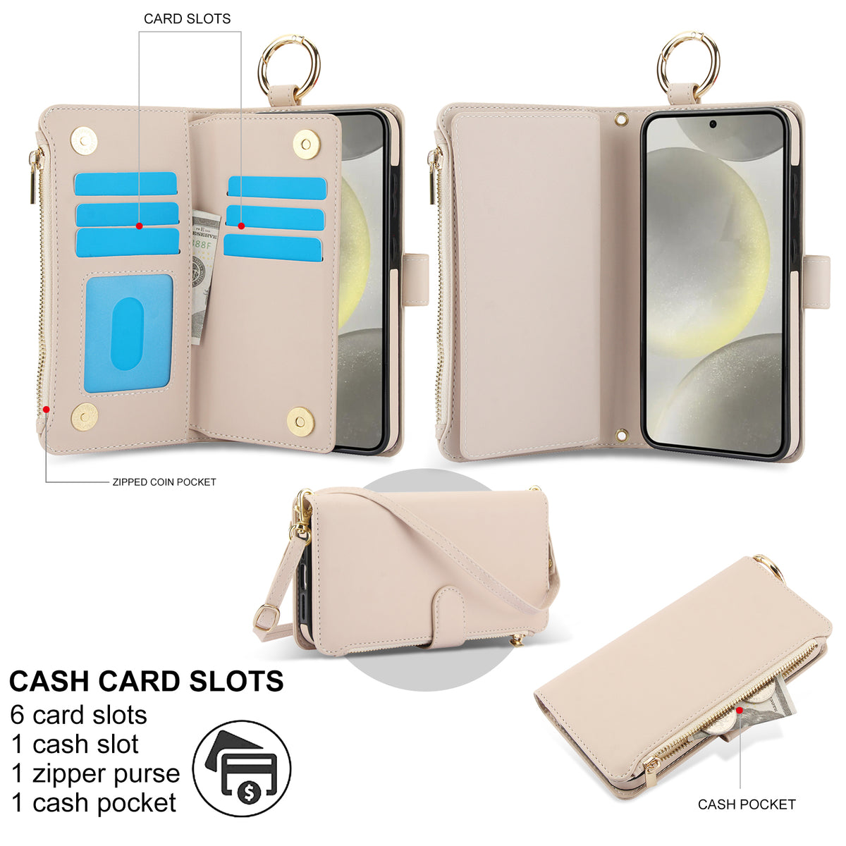 Cream white leather wallet case for Samsung Galaxy A16 A15 A14 A13 showing open view with 6 card slots, cash pocket, zipped coin compartment, and top gold ring holder.