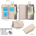 Cream white leather wallet case for Samsung Galaxy A57 A56 A55 showing open view with 6 card slots, cash pocket, zipped coin compartment, and top gold ring holder.