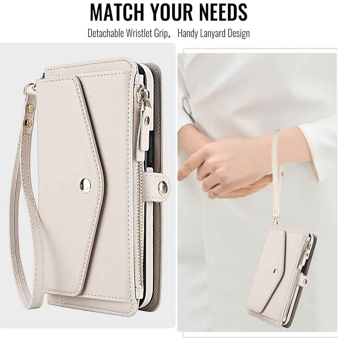 Cream white leather wallet case for Samsung Galaxy A73 A72 showing handy lanyard wristlet grip and detachable purse design.