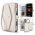 Cream white leather wallet case for iPhone displayed with card slots, zipper coin pocket, wristlet strap, and magnetic inner back cover.