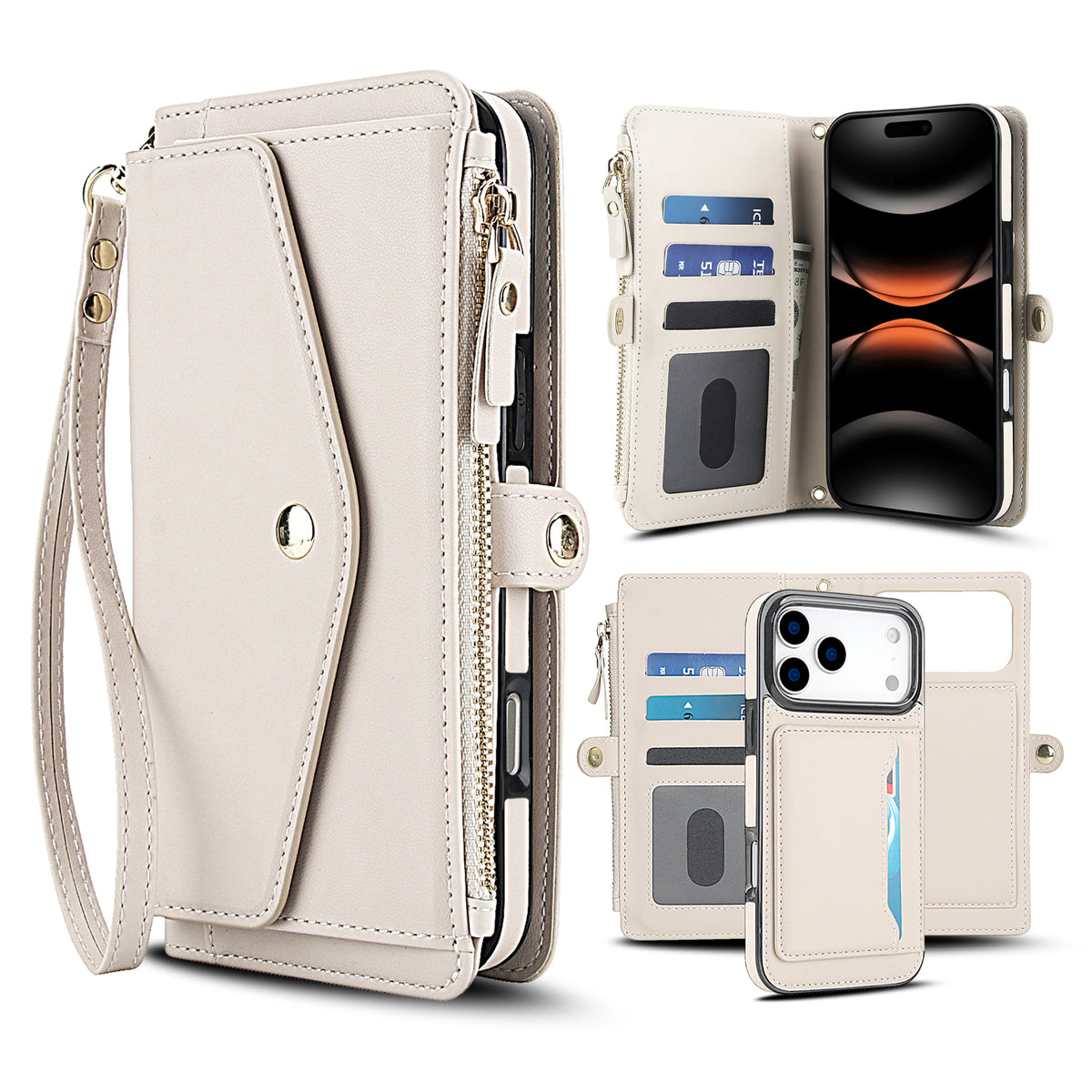 Cream white leather wallet case for iPhone displayed with card slots, zipper coin pocket, wristlet strap, and magnetic inner back cover.