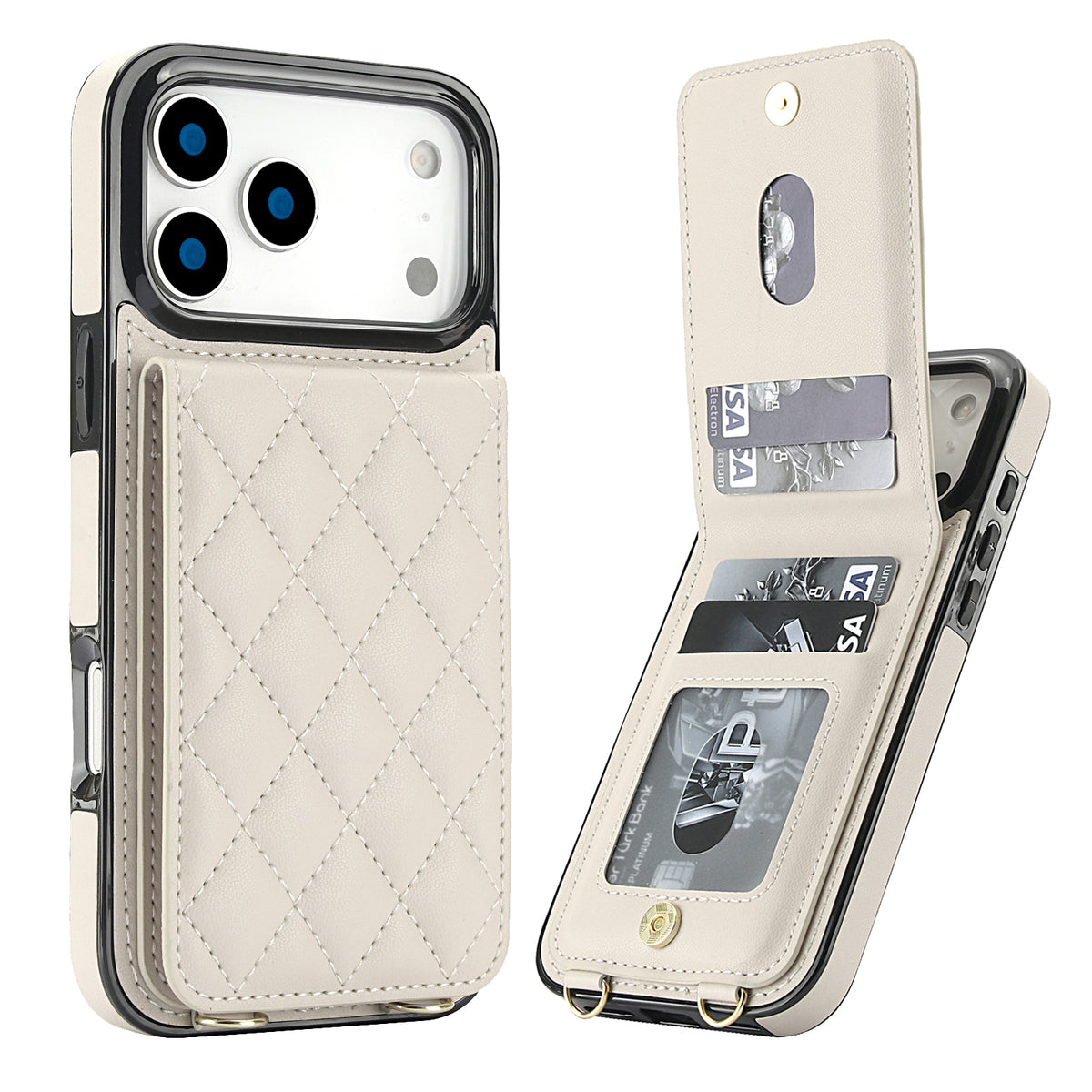 Cream white leather wallet phone case with open flip cover showing credit card slots and clear ID window