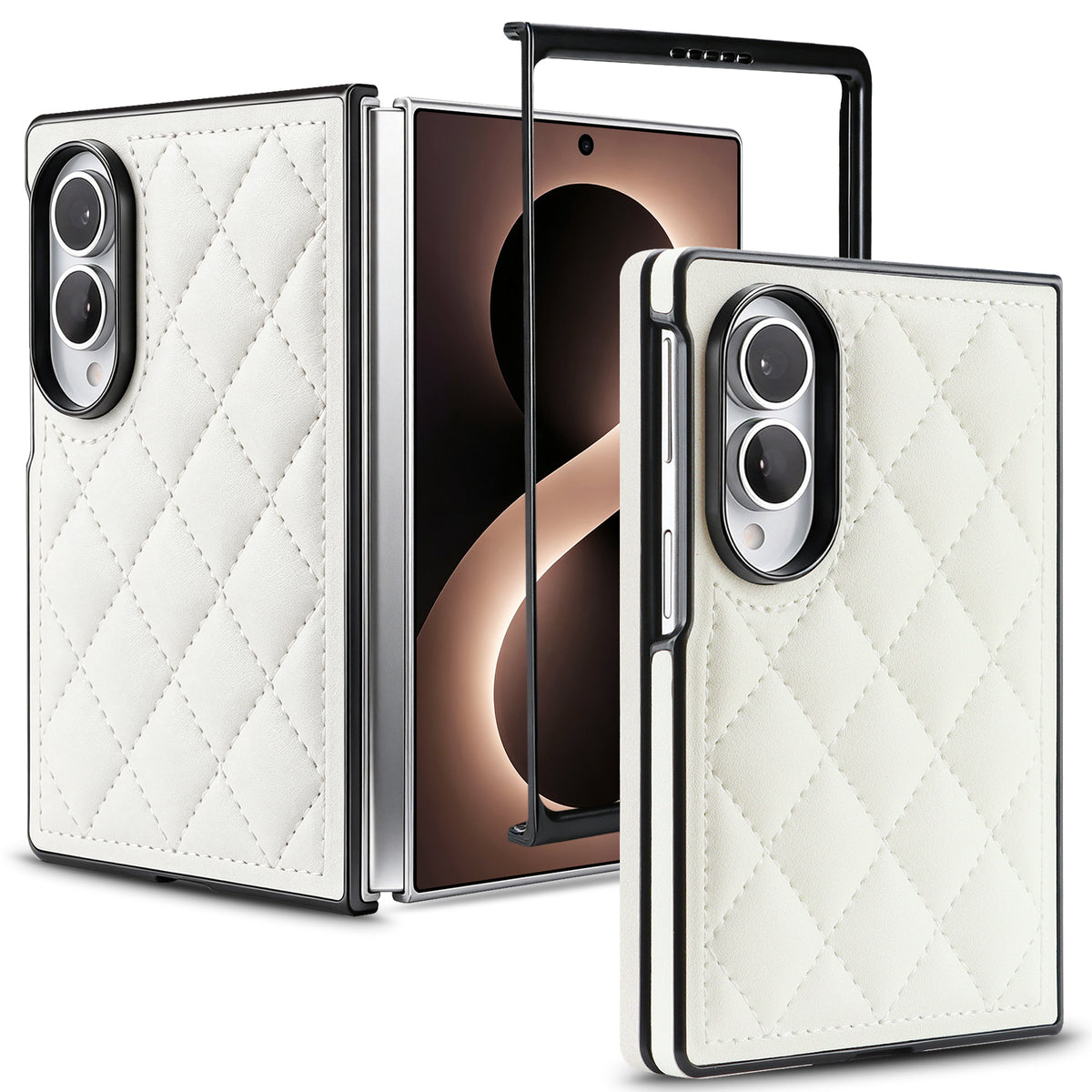 Cream white quilted leather case shown open with the front bezel frame for Samsung Galaxy Z Fold 8