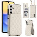 Cream white quilted leather crossbody wallet case for Samsung Galaxy A-Series displaying full composite views, including rear snap card slots, photo ID window, detachable shoulder lanyard, and vertical kickstand mode.