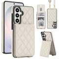 Cream white quilted leather crossbody wallet case for Samsung Galaxy A-Series displaying full composite views including rear card slot flap, open ID window, detachable lanyard strap, and kickstand mode.