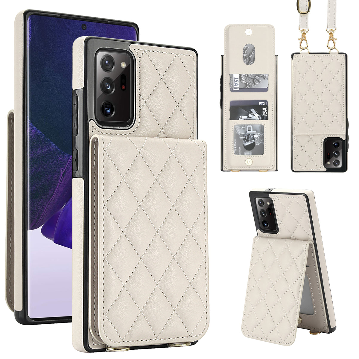 Cream white quilted leather crossbody wallet case for Samsung Galaxy A73-A71 displaying full composite views including rear card slot flap, open ID window, detachable lanyard strap, and kickstand mode.