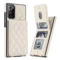 Cream white quilted leather wallet case for Samsung Galaxy A73-A71 displaying side view with open multi-card wallet flap, credit card slots, and photo ID frame.